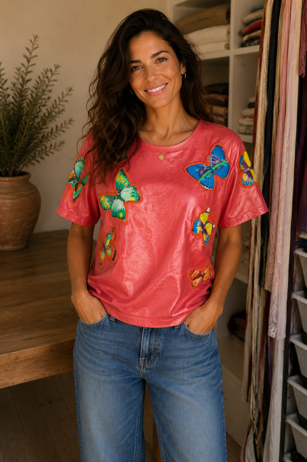 LAURETTE L’envol de papillons sur ce top au rouge éclatant